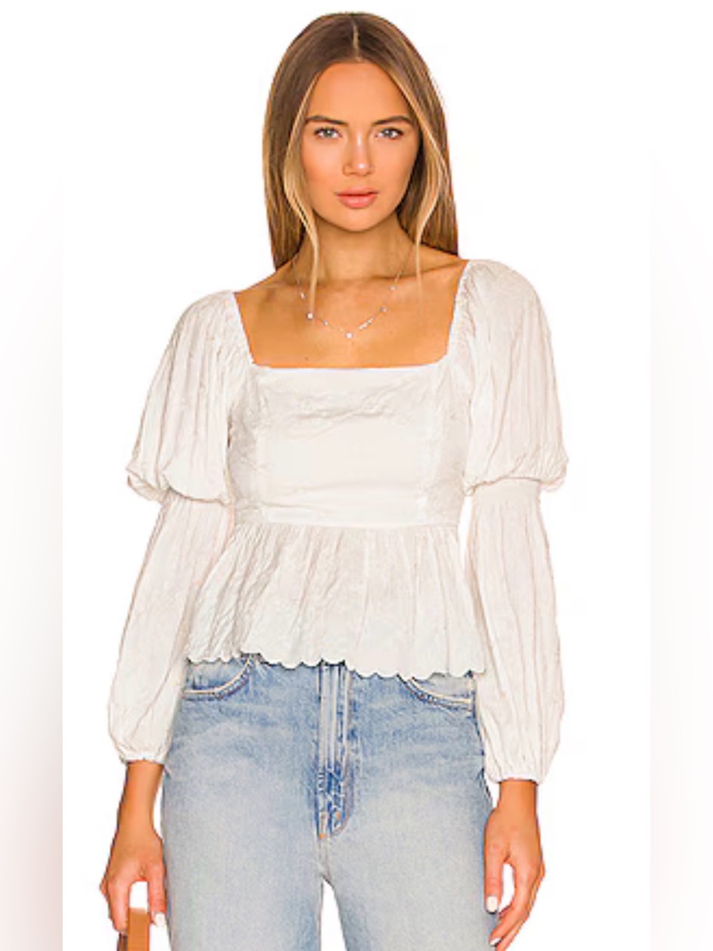 Line & Dot White Embroidered Puff Sleeve Peplum Blouse “Dakota Top” XS